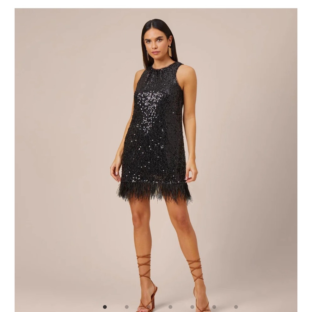 ADRIANNA PAPELL SEQUINED TRAPEZE HALTER DRESS WITH FEATHER TRIM IN BLACK size 12